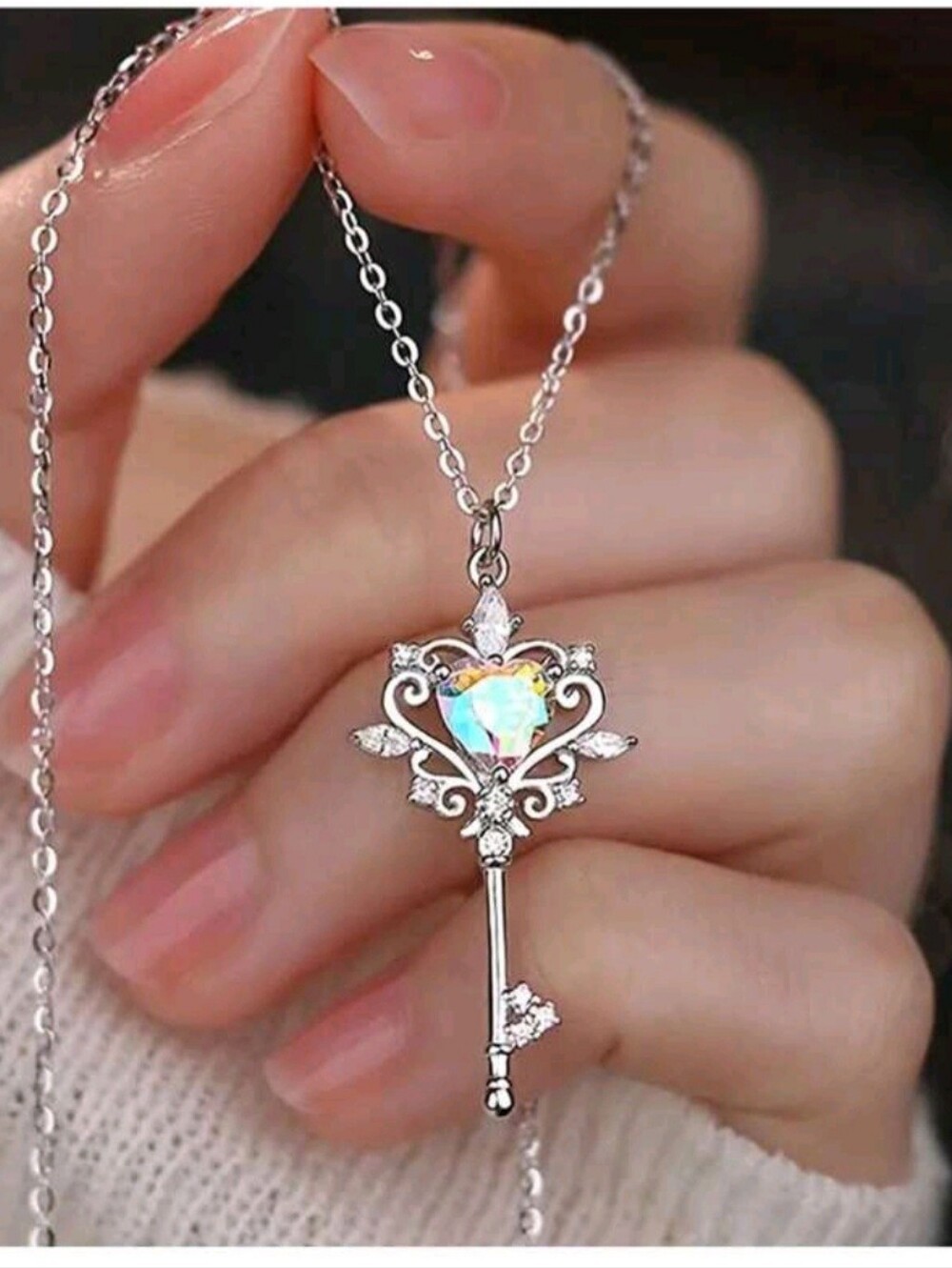 1Pc Key Necklace With Heart Opal - Perfect For Daily Wear And Gifting April